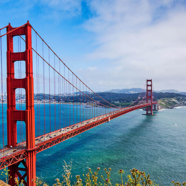 Panoramic view of the golden gate bridge with cars in San Francisco, California