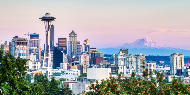 Seattle Cityscape with Mt. Rainier in the Background at Sunset, Washington, USA