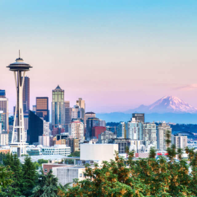 Seattle Cityscape with Mt. Rainier in the Background at Sunset, Washington, USA