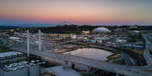 Aerial shot of downtown Tacoma with bridge and dome