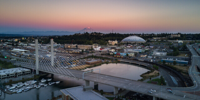 Aerial shot of downtown Tacoma with bridge and dome