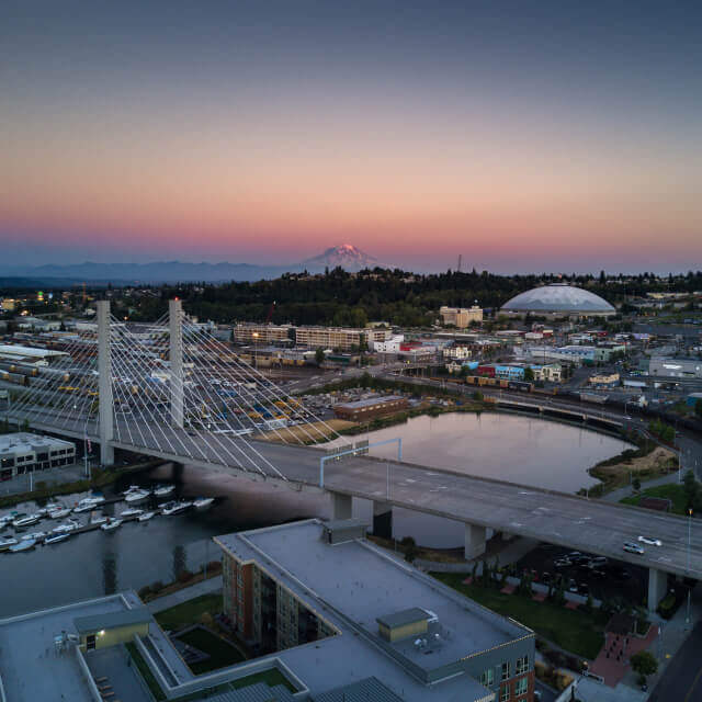 Aerial shot of downtown Tacoma with bridge and dome