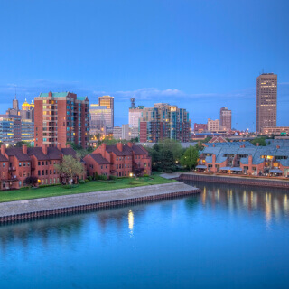 Downtown Buffalo skyline along the historic waterfront district at night
