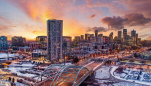 Aerial view of Downtown Denver, Colorado at dusk