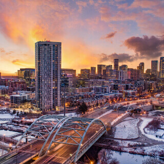 Aerial view of Downtown Denver, Colorado at dusk