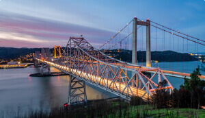 Panoramic view the Alfred Zampa Memorial Bridge & Carquinez Bridge at dawn from Vallejo CA