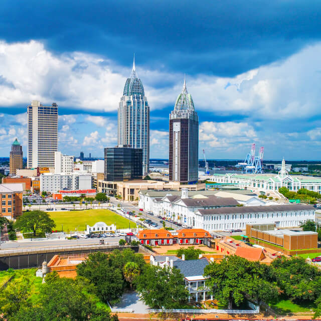 Aerial View of Downtown Mobile Alabama AL Skyline