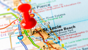 Road map of Florida with a pin on Port St. Lucie