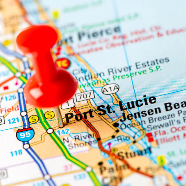 Road map of Florida with a pin on Port St. Lucie