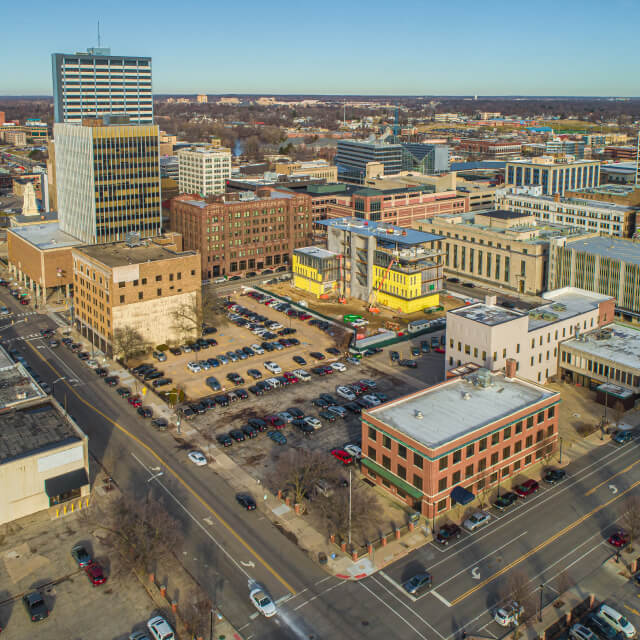 Aerial shot of downtown South Bend