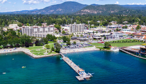 Coeur d’Alene beach with mountains in the background