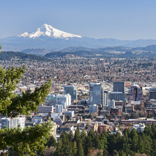 View of Mount Hood from the Pittock Mansion in Portland, OR
