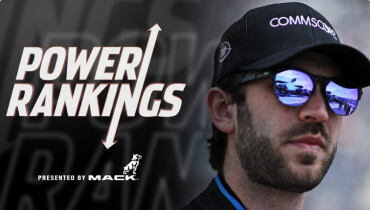 Closeup of NASCAR Cup Series Driver and Xfinity Series Champion Daniel Suarez with the text power ranking presented by mack