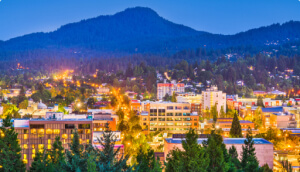 Downtown Eugene Oregon cityscape at dusk