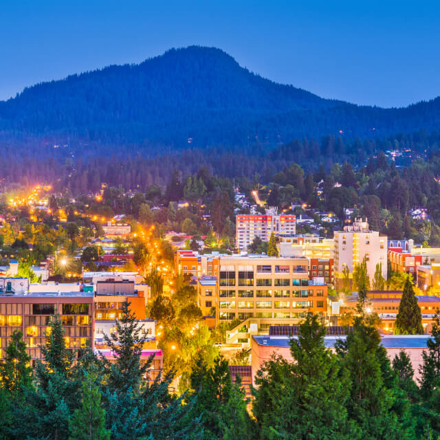 Downtown Eugene Oregon cityscape at dusk