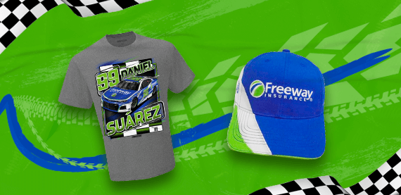 Sweepstakes promotional image for giveaway of Daniel Suarez merchandise to include T-shirts, sweatshirts, posters and hats by entering contest, image of Daniel Suarez t-shirt and hat.