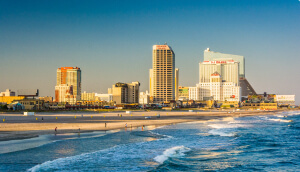 The skyline and the Atlantic Ocean in Atlantic City, New Jersey.