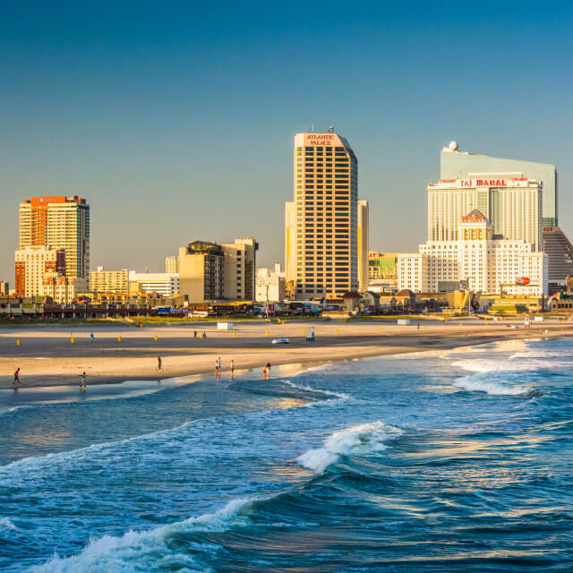 The skyline and the Atlantic Ocean in Atlantic City, New Jersey.