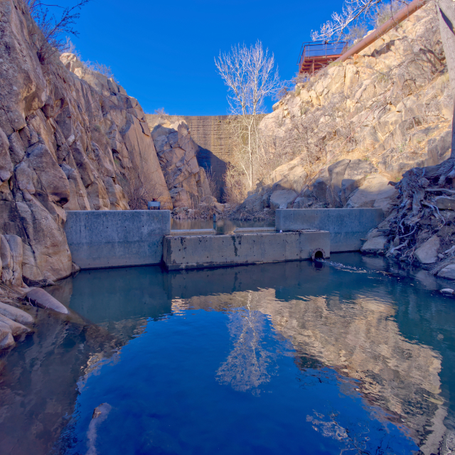 View from below of the Fain Lake Dam in Prescott Valley Arizona.