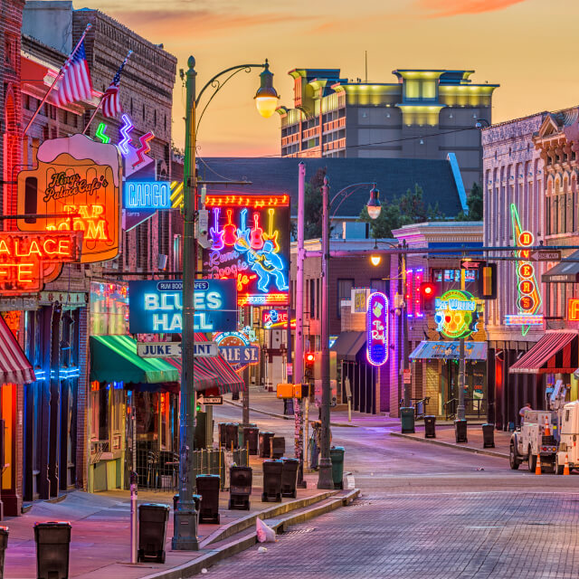 Some of Memphis’ Blues clubs on historic Beale Street in the twilight.