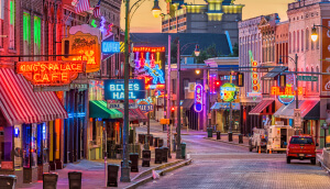 Some of Memphis’ Blues clubs on historic Beale Street in the twilight.