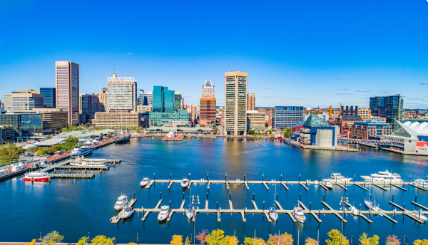 Aerial view of Baltimore, Maryland, USA Inner Harbor Skyline Aerial