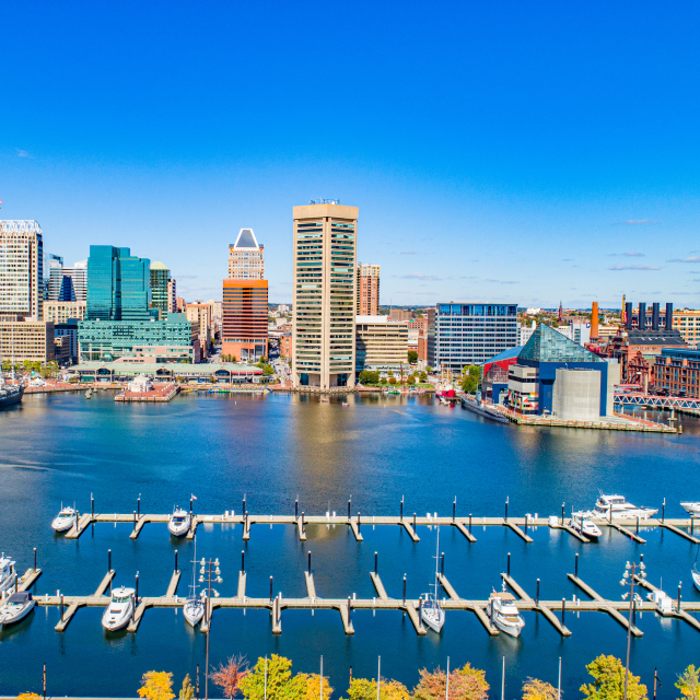 Aerial view of Baltimore, Maryland, USA Inner Harbor Skyline Aerial