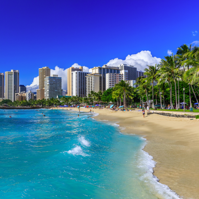 Waikiki beach and Honolulu's skyline.