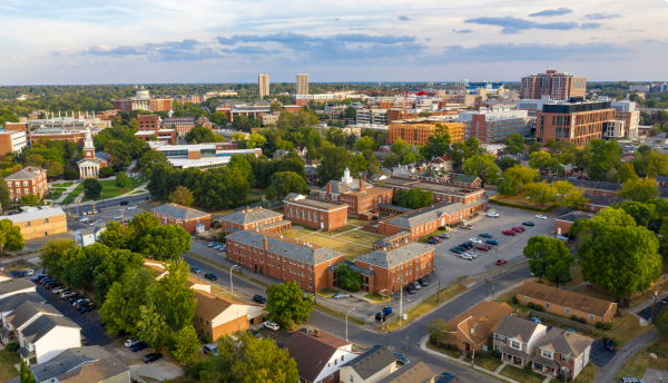 Aerial view in the university campus area looking into the city suburbs in Lexington KY