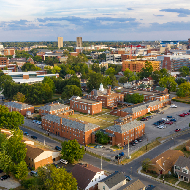 Aerial view in the university campus area looking into the city suburbs in Lexington KY