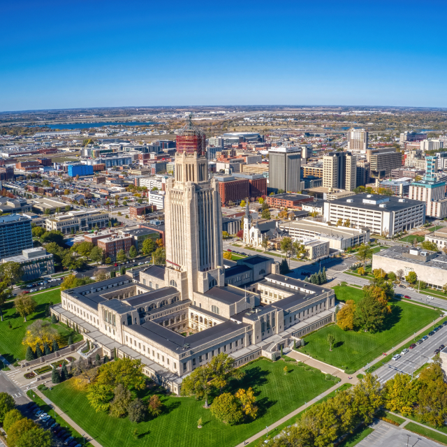 Aerial view of Lincoln, Nebraska in fall