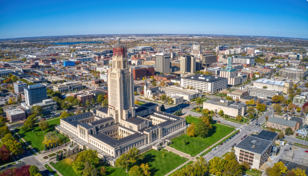 Aerial view of Lincoln, Nebraska in fall