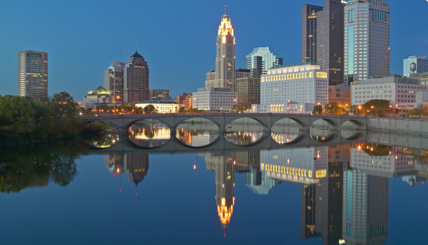 Corner of the Scioto River and Columbus Ohio at night