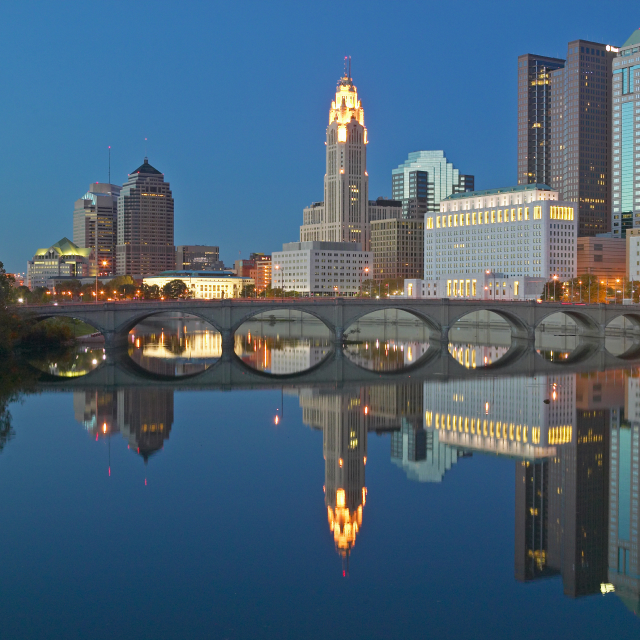 Corner of the Scioto River and Columbus Ohio at night