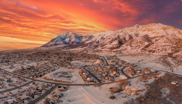 Aerial view of snow-covered Ogden, Utah