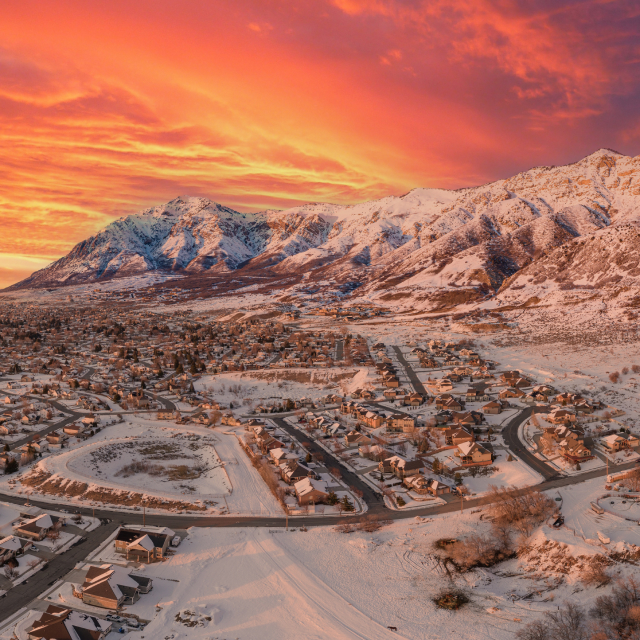 Aerial view of snow-covered Ogden, Utah