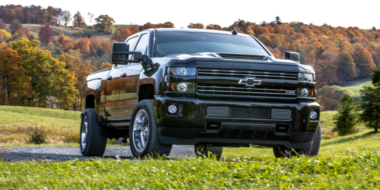 Front view of black Chevrolet Silverado truck