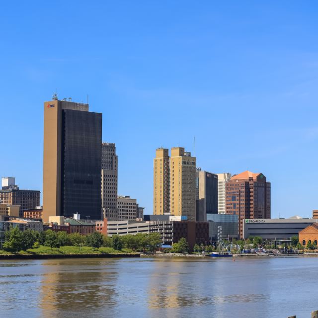 View of the skyline of downtown Toledo in Ohio, USA as seen across the Maumee River