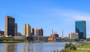 View of the skyline of downtown Toledo in Ohio, USA as seen across the Maumee River