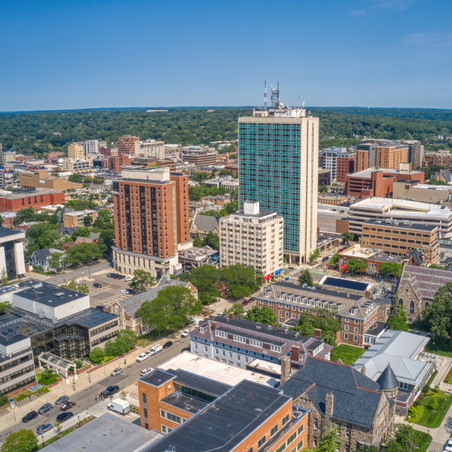 Aerial view of downtown Ann Arbor, Michigan in summer