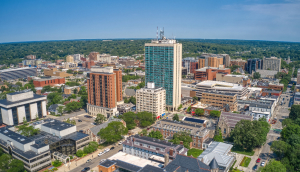 Aerial view of downtown Ann Arbor, Michigan in summer