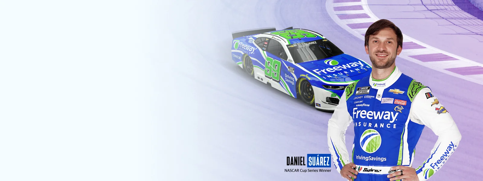 Daniel Suarez standing in front of his NASCAR #99 racecar