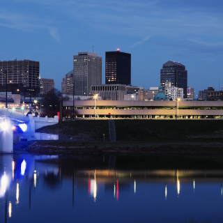 Skyline of Dayton, Ohio at night.