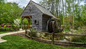 Side view of the old mill in the Bicentennial Garden of the Tangier Family.