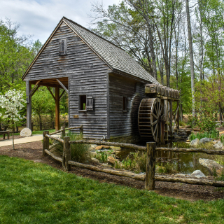 Side view of the old mill in the Bicentennial Garden of the Tangier Family.