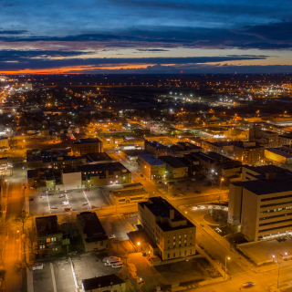 Aerial View of Aberdeen, South Dakota at Dusk.