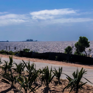 Shot of Pascagoula Beach with Beautiful Cloudy Skies and the Sidewalk in shot