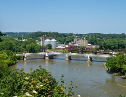 The Y shaped bridge in Zanesville, Ohio with the town and grain elevators in the background.