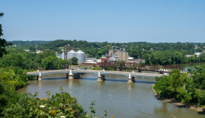 The Y shaped bridge in Zanesville, Ohio with the town and grain elevators in the background.