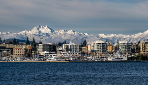City skyline with snowy mountains of the Olympic peninsula on backdrop – cheap car insurance in Bremerton, WA